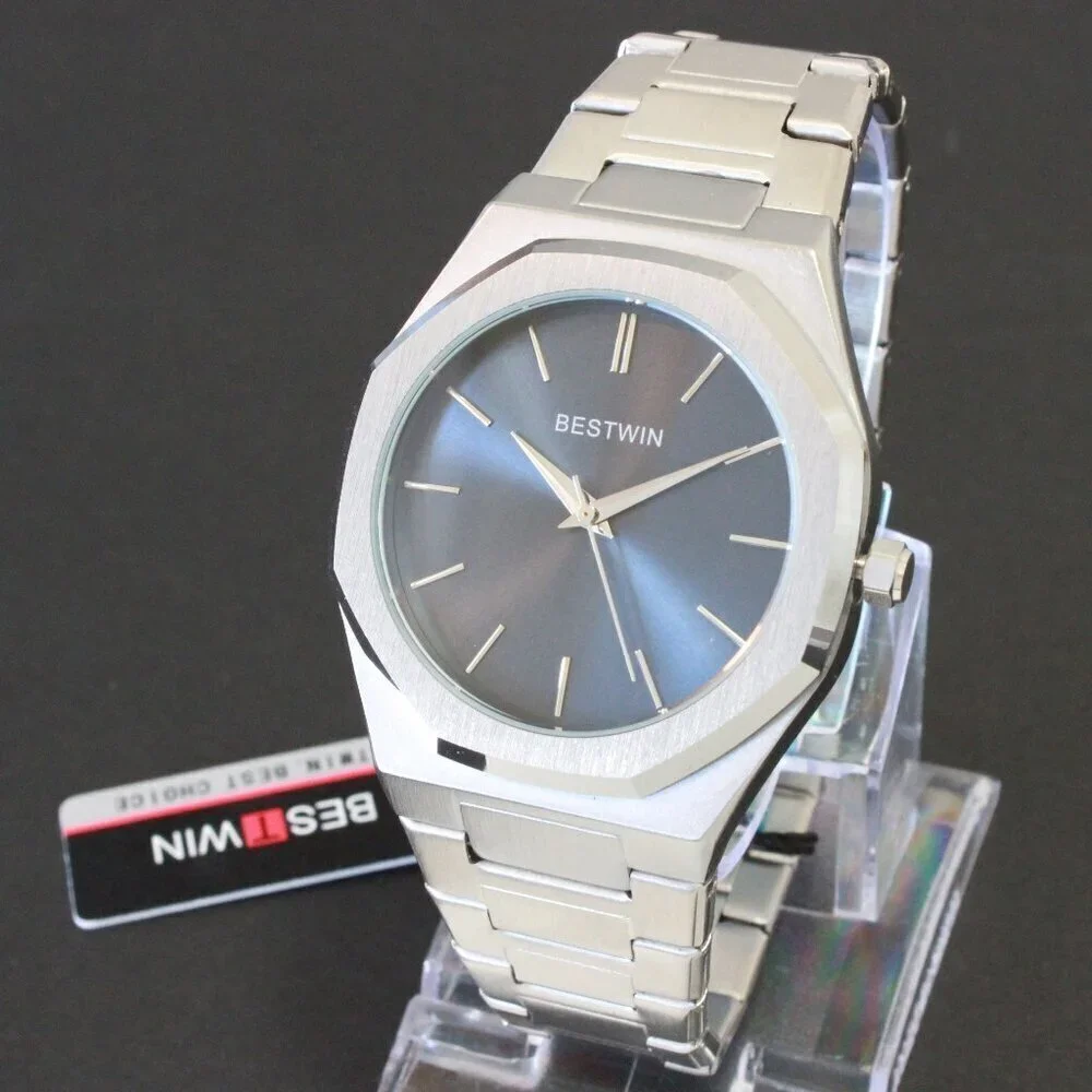Men's Sports Watch Integrated Bracelet Silver Tone Blue Dial 41.5mm